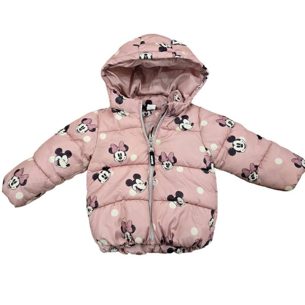 H&M Minnie Mouse Puffer Jacket Baby Girls 18M Pink Full Zip Long Sleeve Hooded